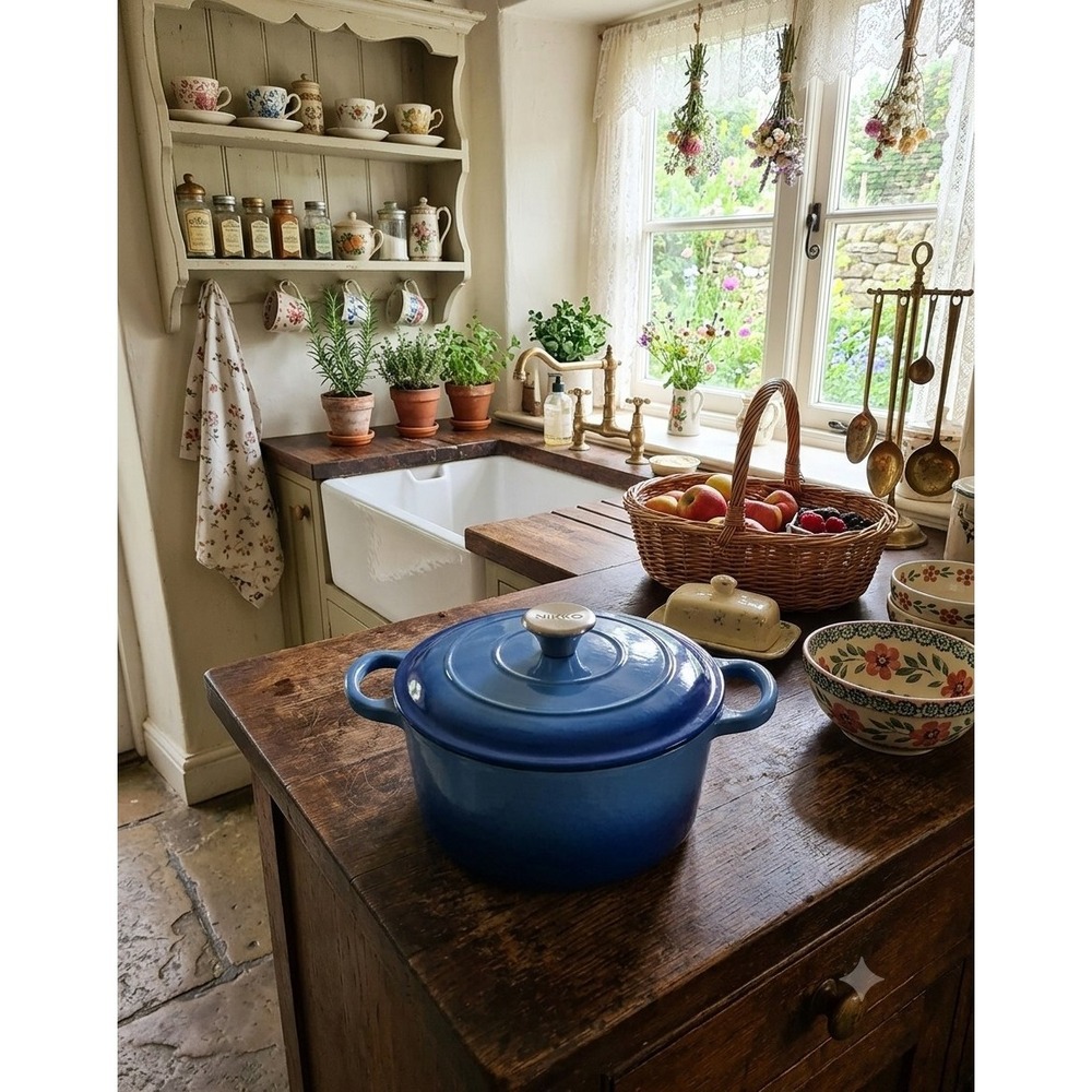 Nikko Enameled Cast Iron Dutch Oven Blue Heavy Duty Cooking Pot Kitchen Cookware